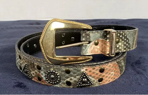 Vintage Elite Womens Belt Large Metallic Medallion Gold Buckle Retro 80s 90s