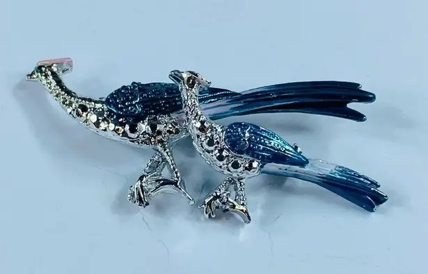 Road Runner Pin Brooch Large and Small Bird Metal Enamel Rhinestones Vintage