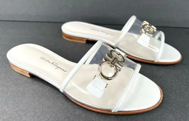 Salvatore Ferragamo Rhodes Pvc Gancini Logo White Leather Flat Sandals Size US 5