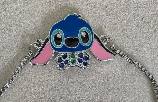 Silver Stainless Steel Bolo Adjustable Pull Bracelet with Stitch Charm Blue