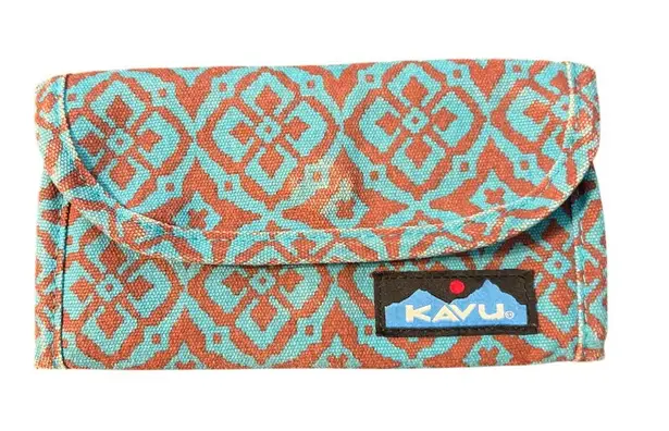 KAVU Trendy Geometric Print Wallet Blue Brown Trifold Zip Pocket ID Holder READ