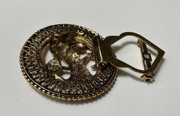 ART Signed Gold Tone Dual Brooch Pin Scarf Clip Greek Mythical Phoenix