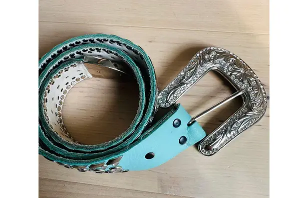Y2K Bling Belt Size medium Blue/Green Rhinestone Chunky silver Buckle Blue