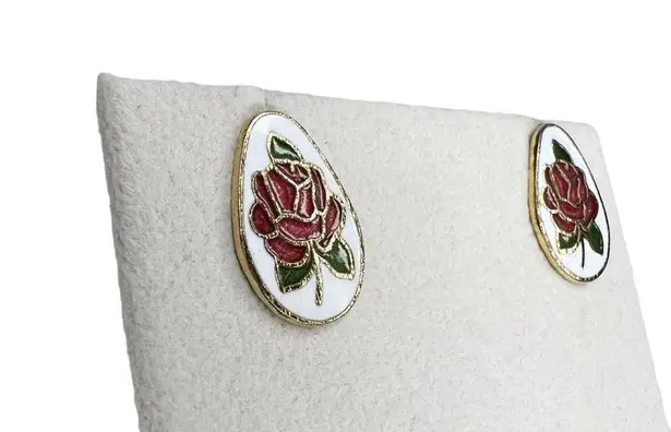 Vintage Red Rose Cloisonné Enamel Egg Shaped Pierced Earrings