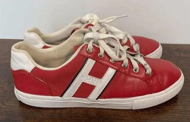 Tommy Hilfiger  Women's Leather Lace Up Round Toe Sneaker Shoes Red White Size 8M