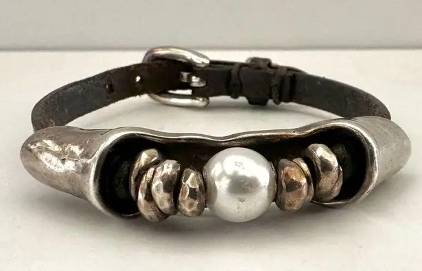Uno de 50 Desertica silver plated faux pearl brown leather bracelet