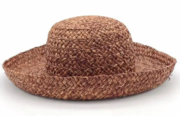 Vintage Bass Woven Braided Raffia Straw Sun Hat Dark Brown Y2K 90s Blossom OS