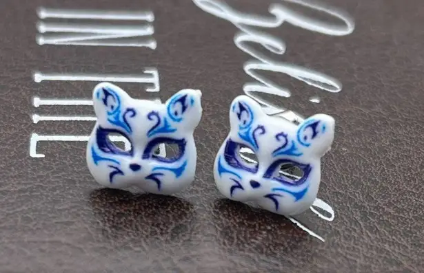 Handmade Cute Tiny Blue Masquerade Oriental Kitty Cat Stud Earrings