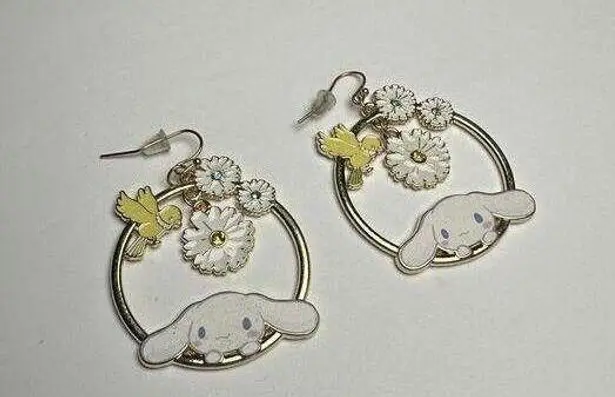 Sanrio Cinnamoroll Flower Circle Enamel  & Rhinestone Pierced Dangle Earrings