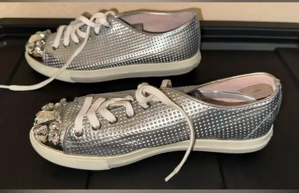 Miu Miu   Swarovski crystal toe-cap sliver sneakers flats size 38.5 8.5