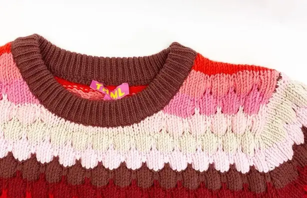 THML Textured Chunky Knit Striped Puffy Crewneck Sweater Red Pink