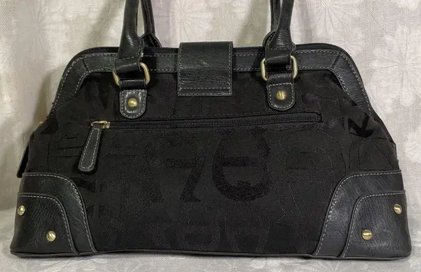 Etienne Aigner Black Leather and Canvas Satchel Bag Brass Accents