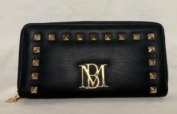 Badgley Mischka Black Faux Leather with Gold Studs Zipper Wallet