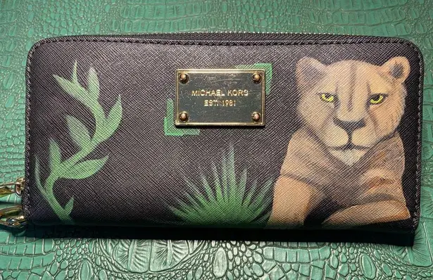 Hand Painted Lioness Black MK Saffiano Leather Wallet w Wristlet Strap