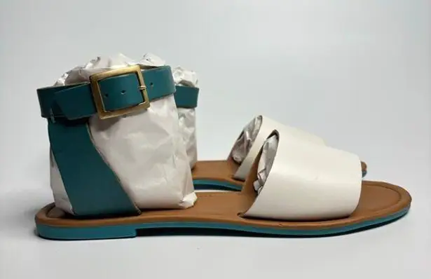 Coconuts by Matisse All About Flat Leather Ankle Strap Sandal in White/Turquoise