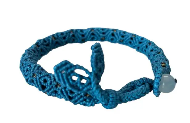 Handmade Woven Macrame Bracelet – Adjustable Teal Cord with Bead Accents Blue