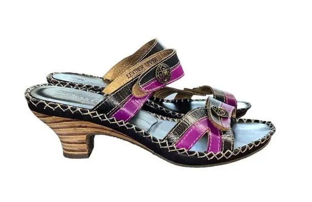 Spring Step L' Artiste by  Exotic Black and Purple Leather Sandals