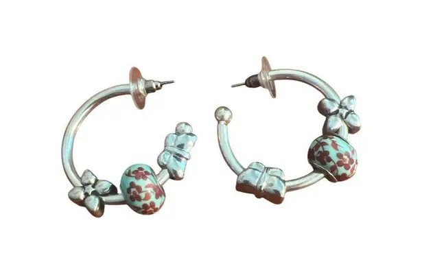 Silver Tone Hoop Earrings Add A Charm Floral Beads Butterfly Removable 1.25" Blue
