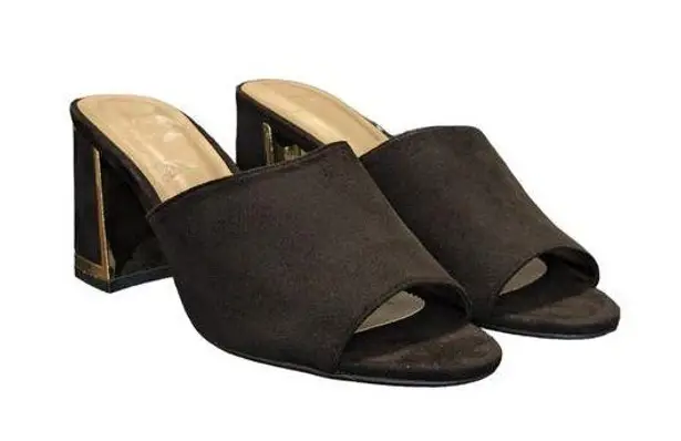 H by Halston H Halston Vegan Suede Sandals Spain Block Heel Gold Trim Womens 8 Heels Pumps