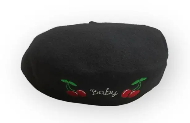 VHTF: Valfre ☻︎ Cherry Bomb Baby Embroidery Wool French Beret ☻︎ Black XS S M L