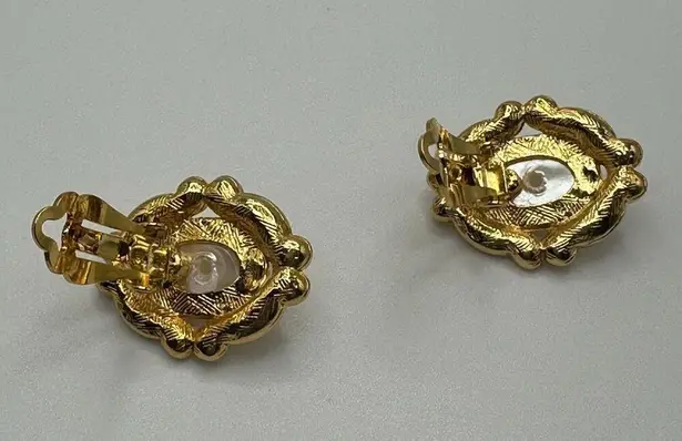 Vintage Gold Framed Pearl and Rhinestone Costume Earrings Large Statement Glam