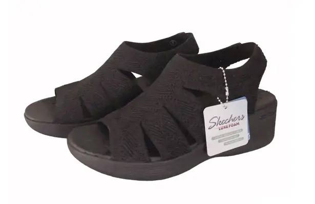 Skechers Memory Foam Black Wedge Sandals