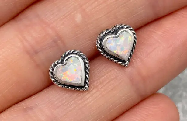 White Opal & Sterling Silver Rope Twist Heart Shaped Stud Earrings Multiple