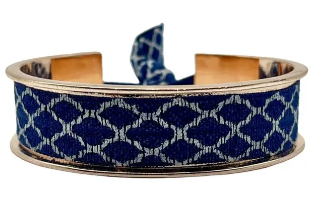 Gold Tone Ribbon Tie Cuff Bracelet Blue White Lattice Pattern Preppy Nautical Blue