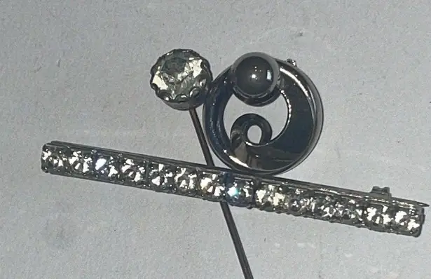 Lot of 3 Silver Tone CZ Rhinestone Brooch Shoulder Pins Stick Pin
