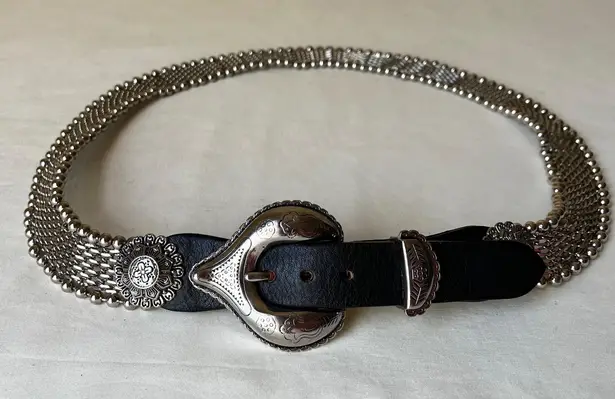 Vintage Nanni Italy Mesh Chain & Leather Belt w/ Paris Osmeco Buckle 95/38 Black