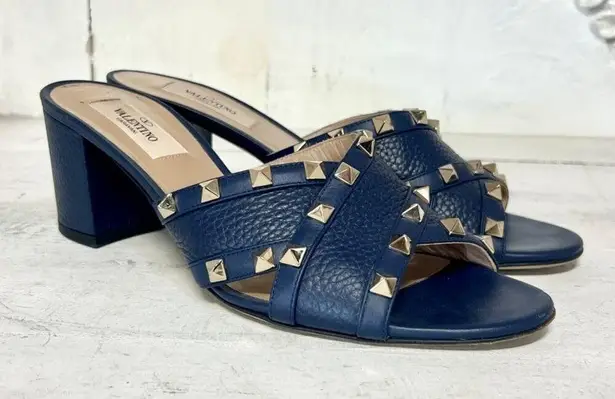 Valentino Garavani  Rockstud Crisscross Leather Mules Sandals Blue Women 38.5 / 8