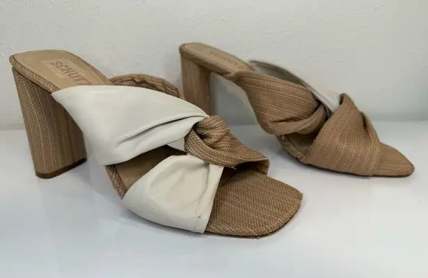 Schutz Wendy Pearl and Beige Leather Color Block High Heel Sandals, Size 9