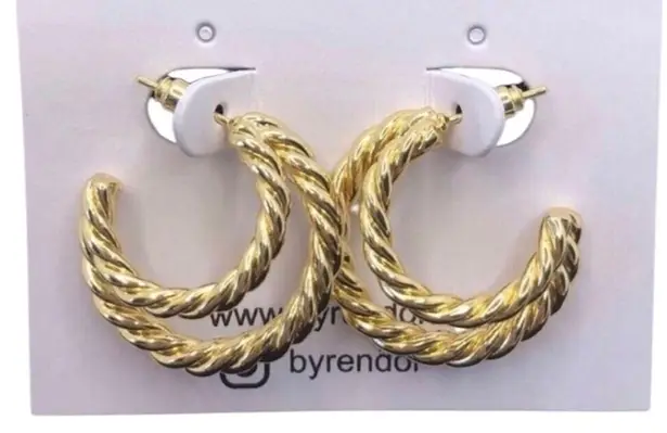 Rendor Victoria NIP 14K Yellow Gold Plated Double Hoop Braided Texture Earrings