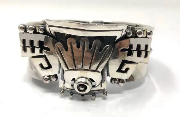 Sterling Silver TAXCO Aztec cuff bracelet, 62g