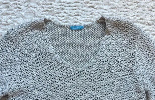 J. McLaughlin Crochet Open Knit Weave Sweater S Gray Metallic Mesh Beachy Mermaid