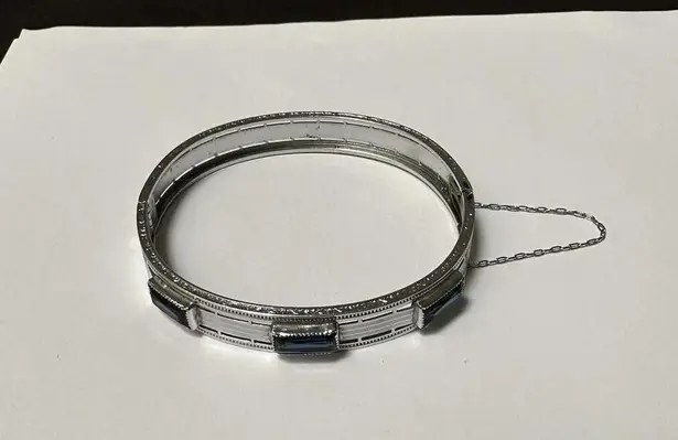 Pacific&Co Vintage Signed NuWite R&G . Art Deco Hinged Bangle Bracelet Safety Chain Blue