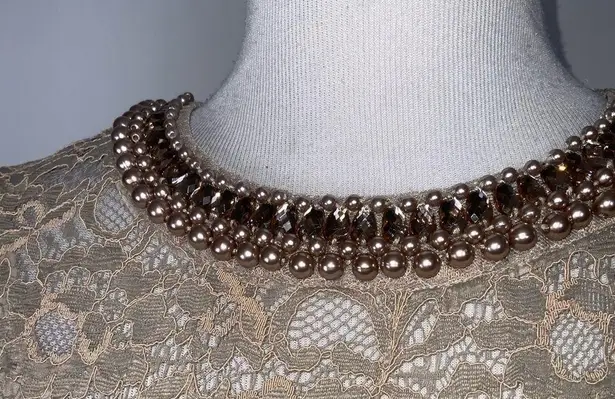 London Times Golden Tan Lace Overlay Midi Dress Rosegold Rhinestone Neck Size 4