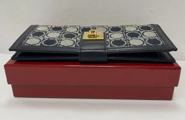 Salvatore Ferragamo Gancini Bifold Long Wallet Navy Canvas/Leather - Preowned