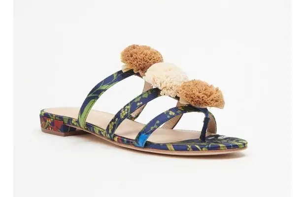J.Mclaughlin NWOT Mandy Sandal in Midnight Floral Raffia Pom Flats Botanical 7M Blue Size 7