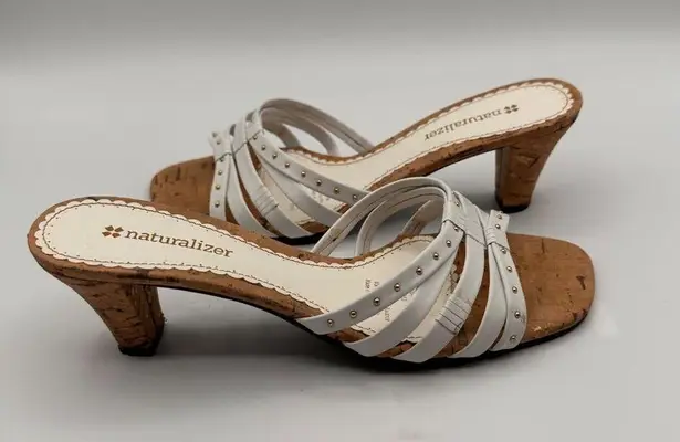 Naturalizer Sana White Strappy Sandal Heels With Cork Sole Studded Detail