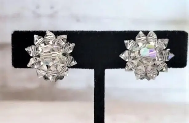 Vintage Clip On Earrings Small Clear Iridescent Bead Cluster 0.75"
