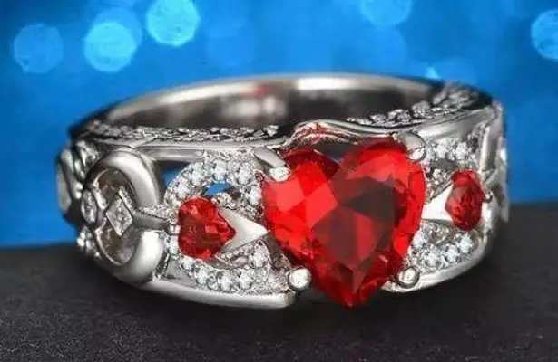 Valentine's Day Red Heart Ring Vintage Style Cupid Love Gift Silvertone Sz 10