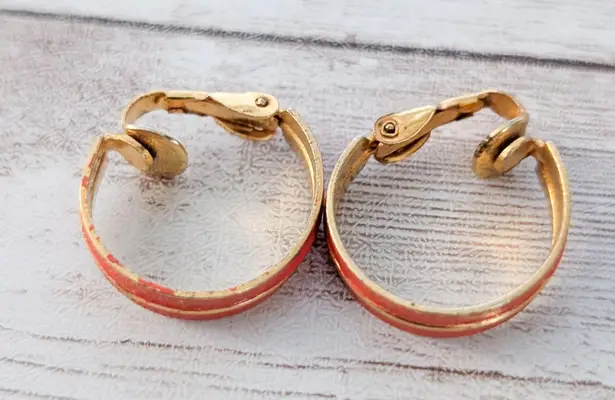 Vintage Clip On Earrings Orange & Gold Tone Hoops
