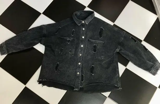Distressed Denim Faded Black Jean Jacket Denim Button Front Raw Hem Oversized L Size L