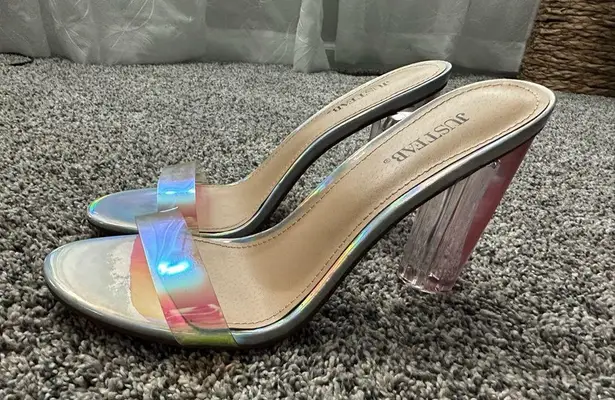 JustFab  Women 8.5 Hanna Transparent Iridescent Heeled Shoes Sandals