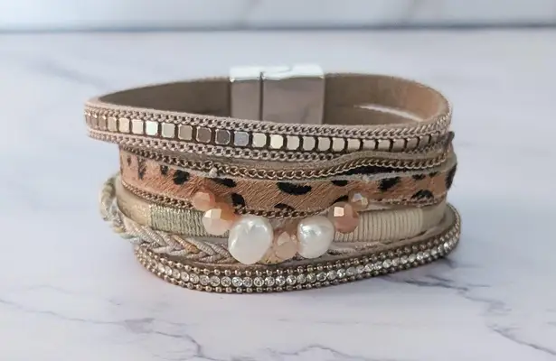 Cuff Bracelet Neutral Tones with Gold Tone & Faux Pearls