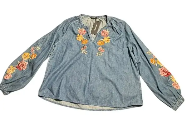 Driftwood Jeans Chambray Top Embroidered Long Sleve floral denim blue Portofino