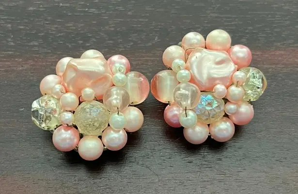 VTG Pink Beaded Rhinestone Clip On Earrings Made in Japan Coquette Bling Barbie