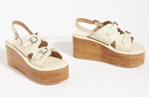 Anthropologie  Sandals Womens 39 Cream Leather Buckle Platform Wedges