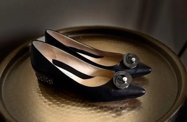 Carolinna Espinosa Leather With Rhinestone Block Heels Black Size 5